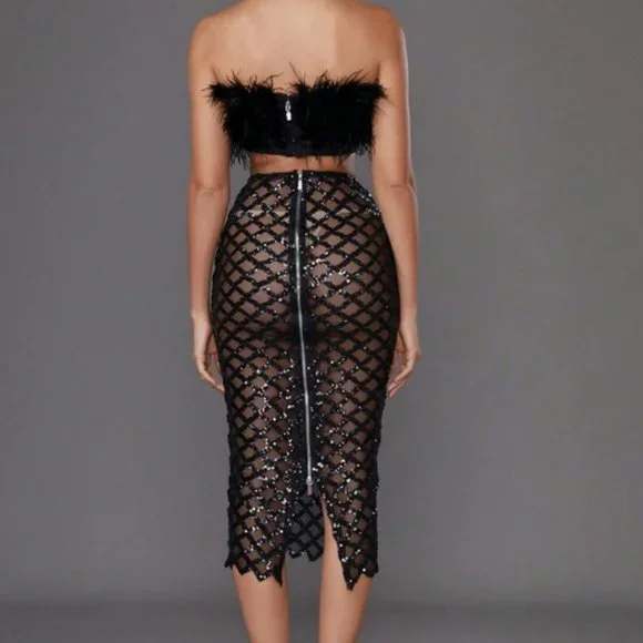 Black fuzzy Feather Trim Crop Tube Top & Sexy Sequin Pencil Skirt - Picture 6 of 9